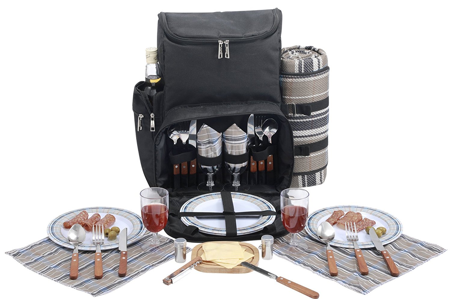 Picnic Backpack | Wine Cooler | Stylish All-in-One Portable Picnic Bag for 4 with Complete Wooden Cutlery Set， Stainless S S/P Shakers | Waterproof Fleece Picnic Blanket | Cooler Bag for Camping