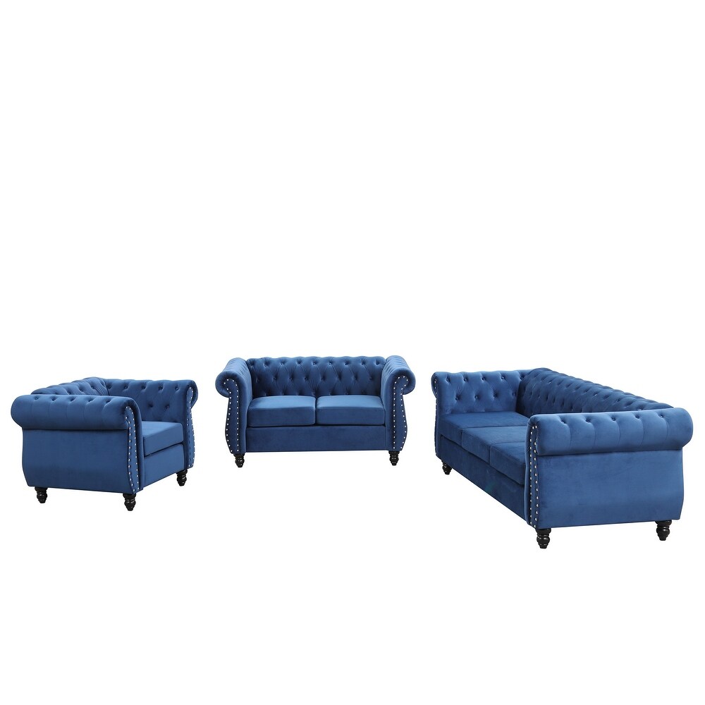 Dutch Velvet Sectional Sofa Tufted Backrest Recliner Loveseat with Nailheads Rolled Armsrest Single Sofa Chair(3pcs)  Blue gray