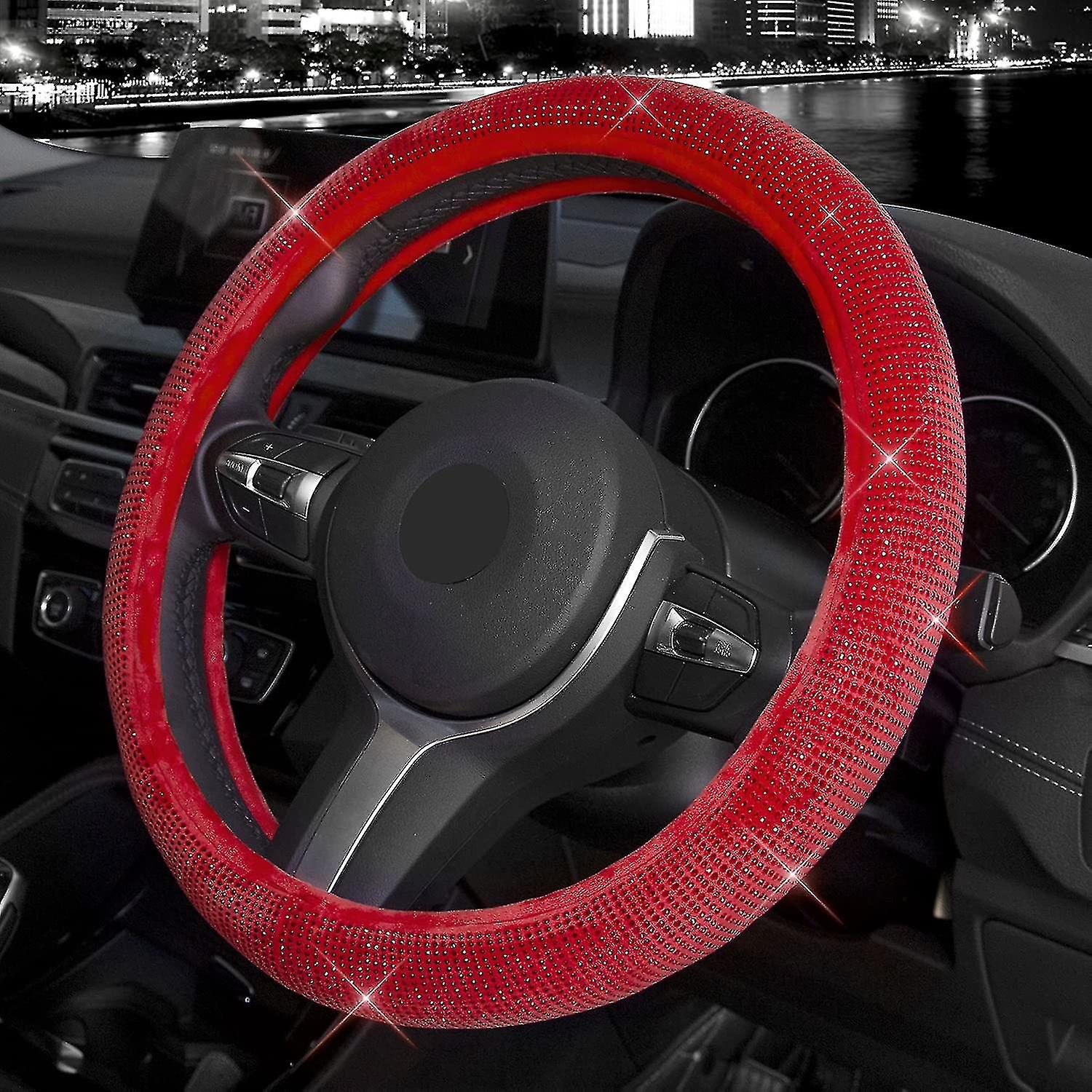 Steering Wheel Cover For Women Bling Bling Crystal Diamond Sparkling Car Suv Wheel Protector Universal Fit 15 Inch (red With Red Diamond， Standard Siz