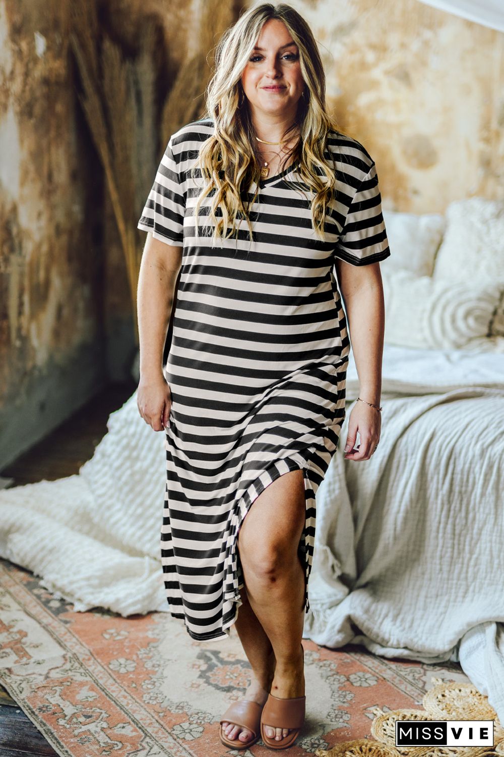 Black Plus Size Striped Print Long T-shirt Dress