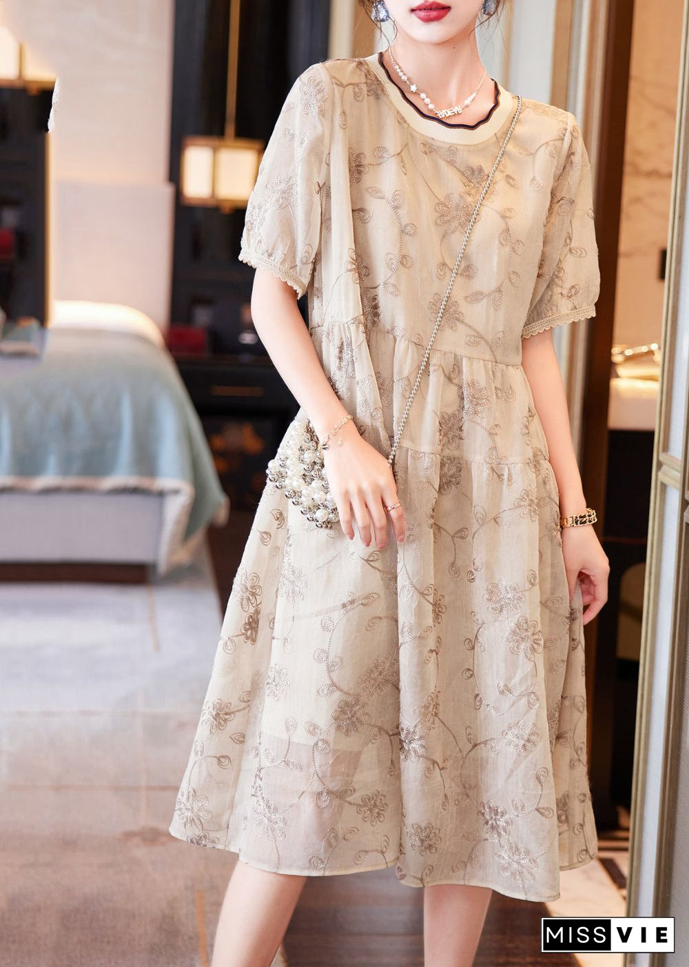 Boutique Beige O-Neck Patchwork Print Chiffon Long Dresses Summer