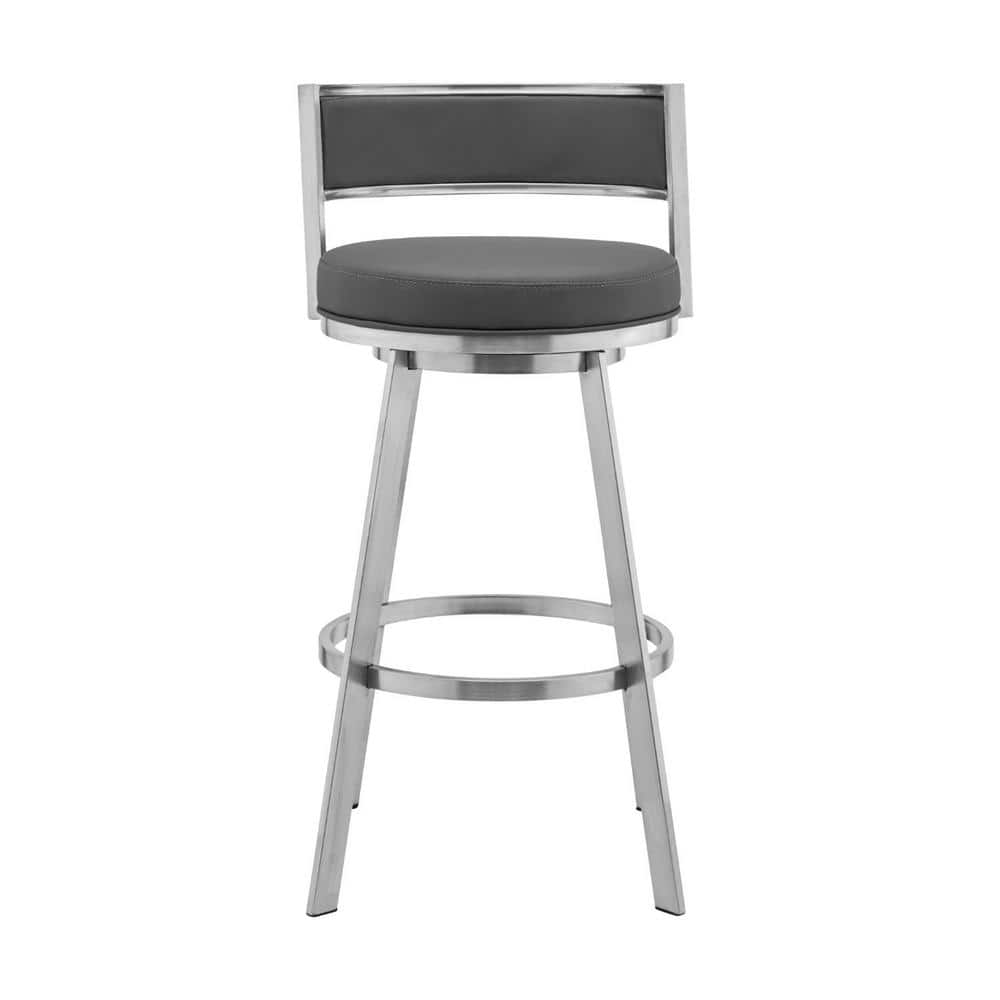 HomeRoots Julia 38 in. Gray Low Back Metal Bar Height (28-33 in.) Bar Stool with Faux Leather Seat 2000476989