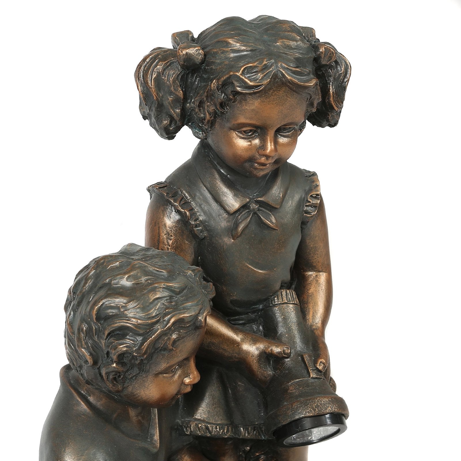 LuxenHome Bronze MgO Boy and Girl Garden Statue with Solar Light