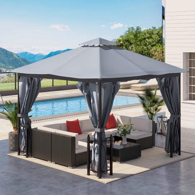 Outsunny 13 x27 X 11 x27 Patio Gazebo Canopy Garden Tent Sun Shade Outdoor Shelter With 2 Tier Roof Netting And Curtains Steel Frame For Patio Backyard Garden