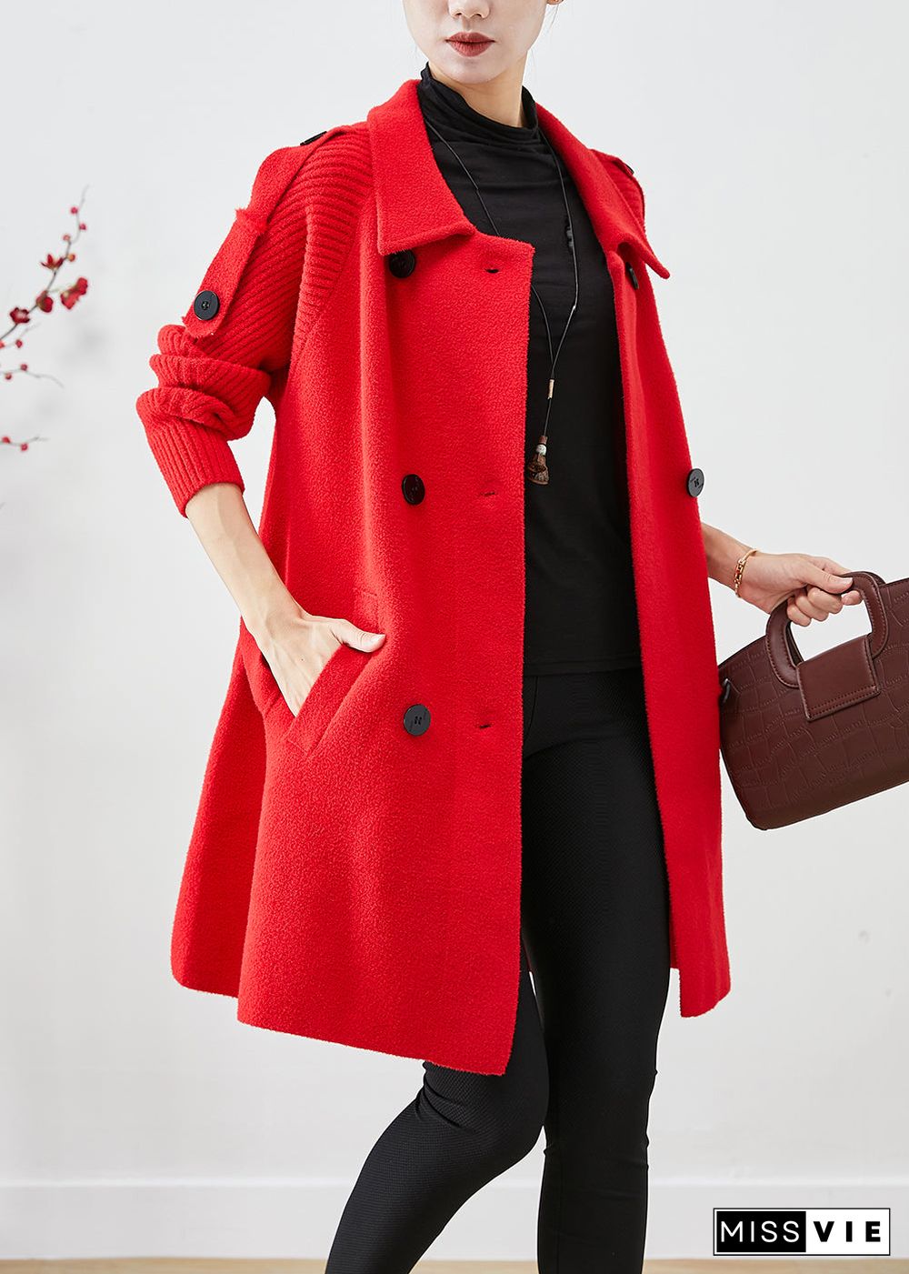 Women Red Oversized Knit Patchwork Woolen Coat Fall