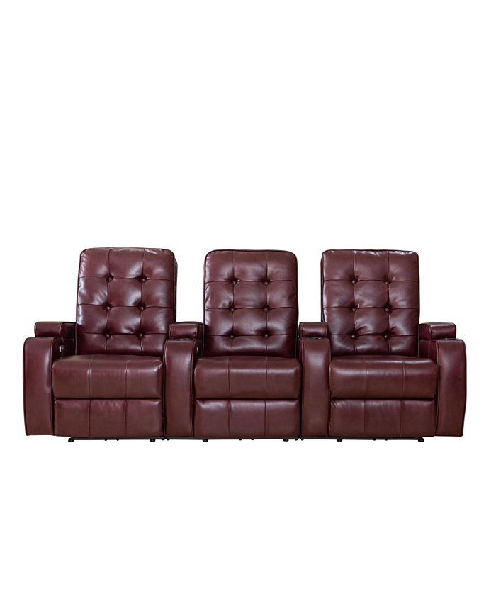 FC Design Burgundy Air Leather Cinema 3-Seat Power Sofa Recliner Chair Home Theater Seating with Cup Holders and USB Port