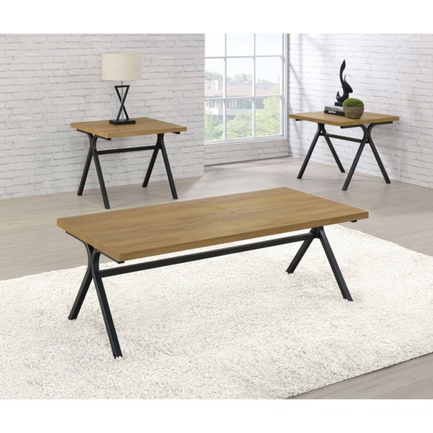 3pc Colmar Coffee Table Set Golden Oak gunmetal Coaster