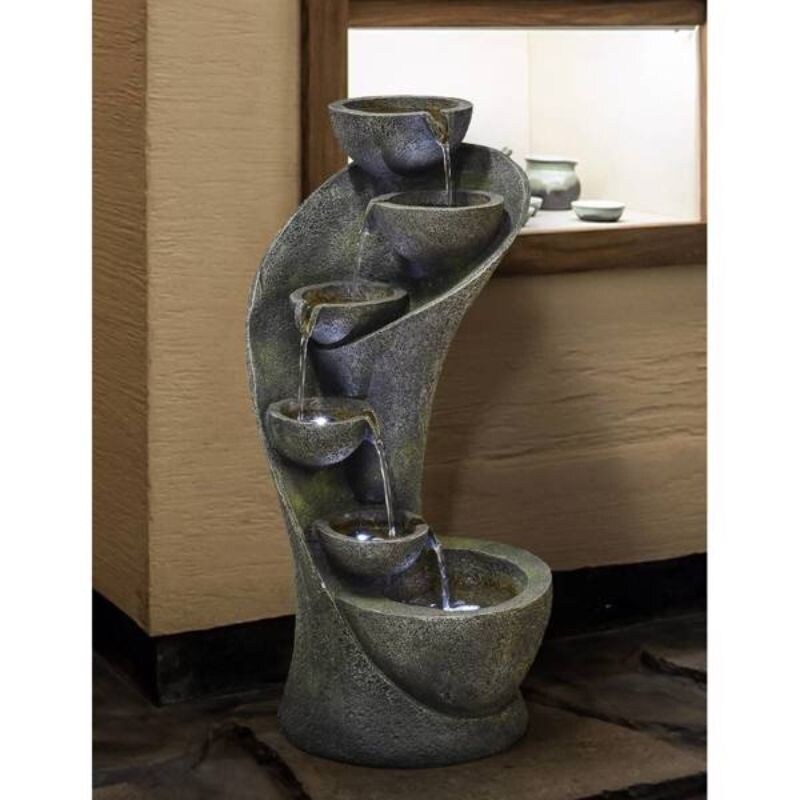 23.5inches Outdoor Water Fountain with LED Light   Modern Curved Indoor Outdoor Waterfall Fountain 5 Tier   11.5*11.5*23.5inches