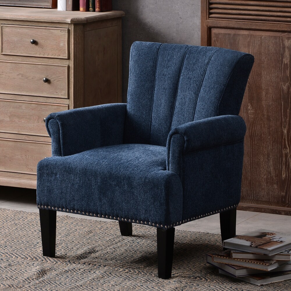 Polyester Accent Chair High Back Casual Sofa with Nailheads Modern Arm Chair Club Chairs with Rubber Wood Legs for Livingroom