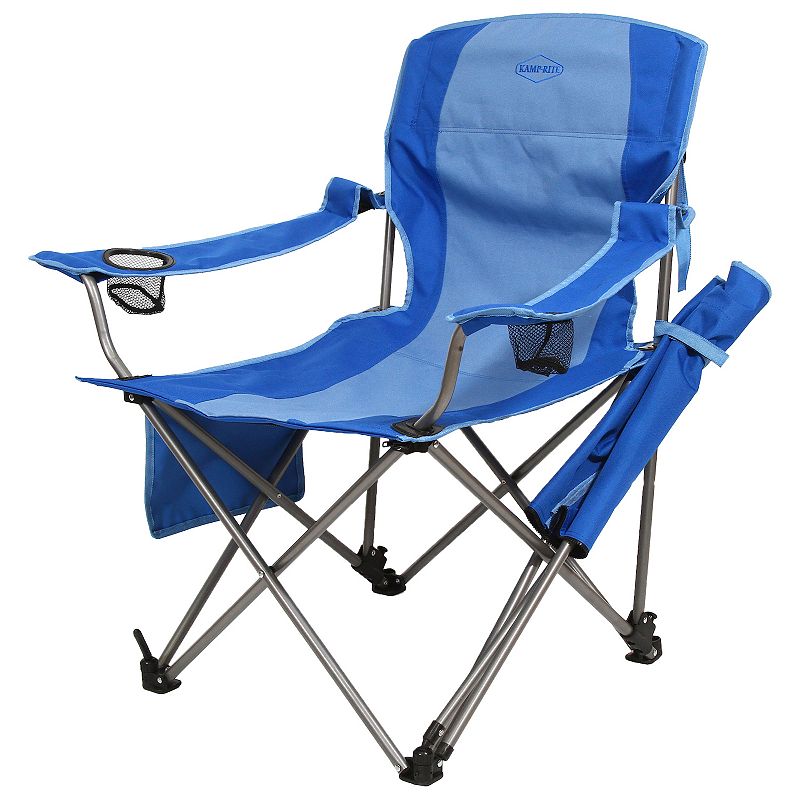 Kamp Rite Folding Camp Chair w/ 2 Cupholders and Detachable Footrest， Blue