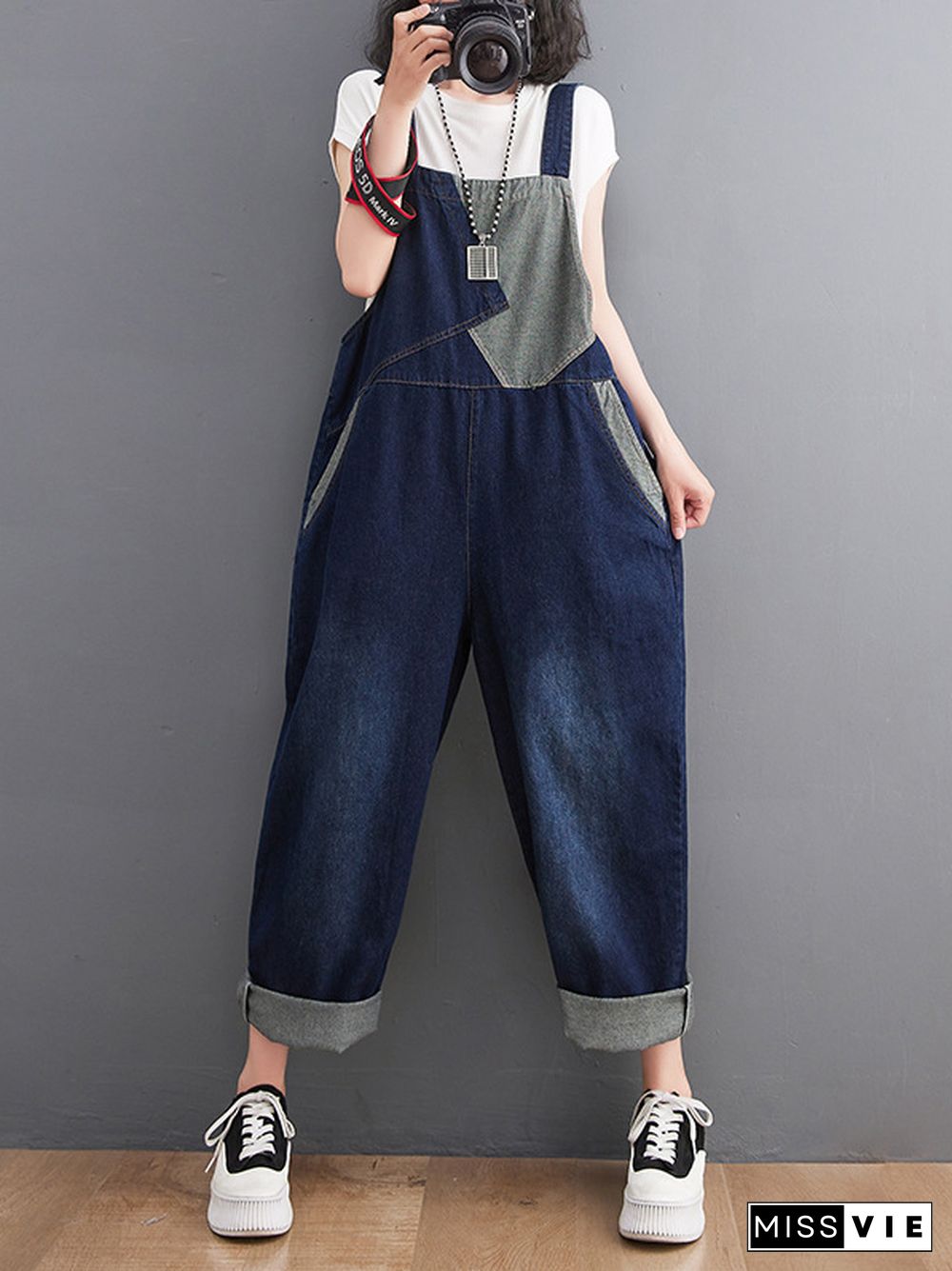 Casual Denim Contrast Color Split-Joint Overalls