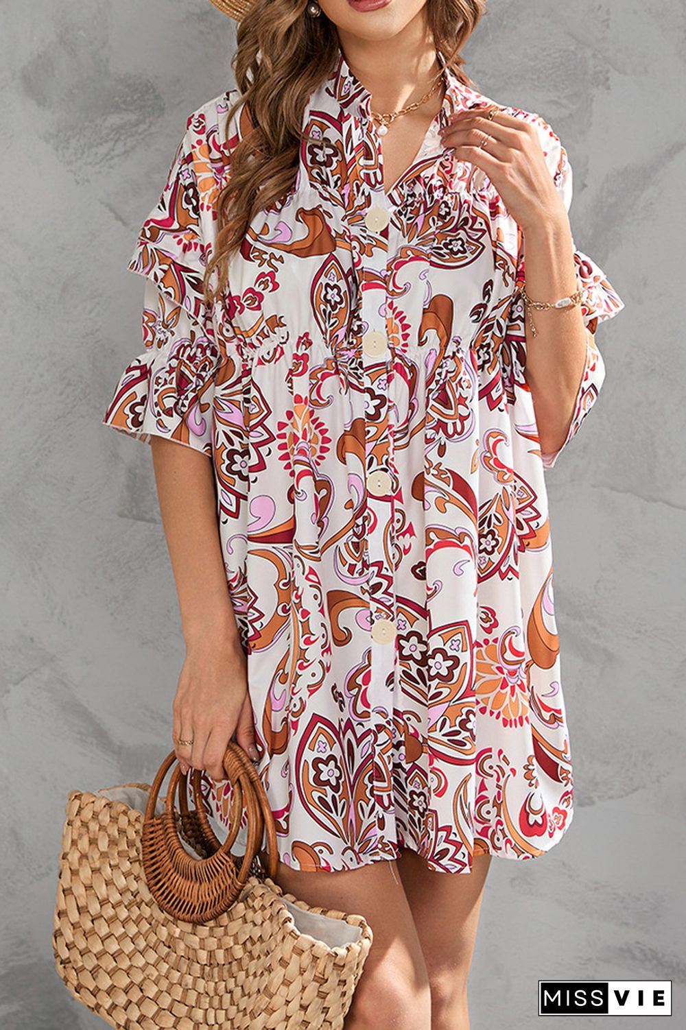 Half Sleeves Floral Button Up SHirt Dress