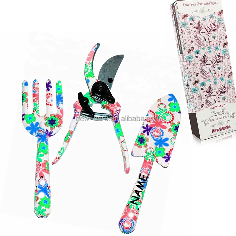 Garden Gift for Women 3 Pcs Aluminum Floral Print Gardening Tools Set Trowel Rake Manual Hand Garden Tool Kit in Flower Print