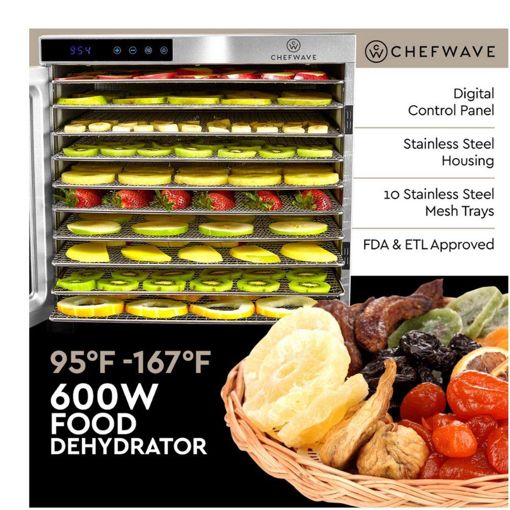 CHEFWAVE 10 Tray Food Dehydrator with Stainless Steel Racks Temp + Time Control CW-FD10