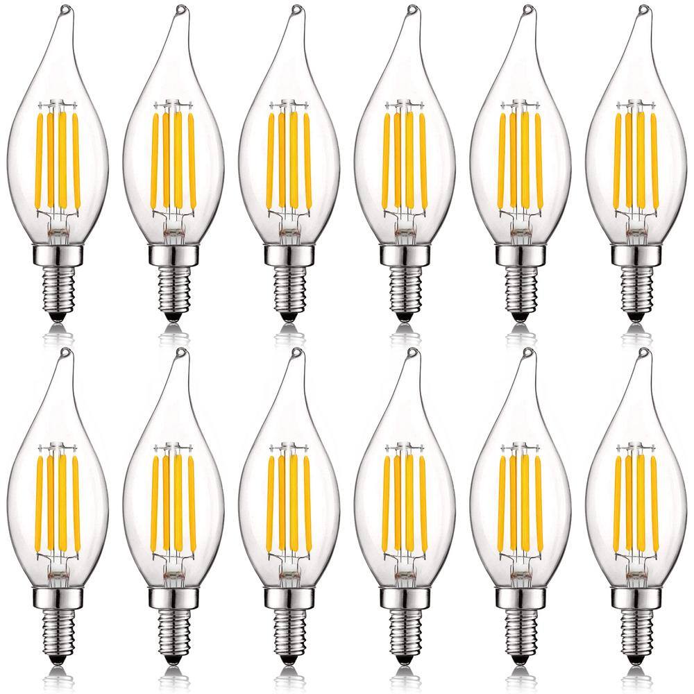 LUXRITE 60-Watt Equivalent CA11 Dimmable LED Light Bulbs Flame Tip Clear Glass Filament 2700K Warm White (12-Pack) LR21593-12PK