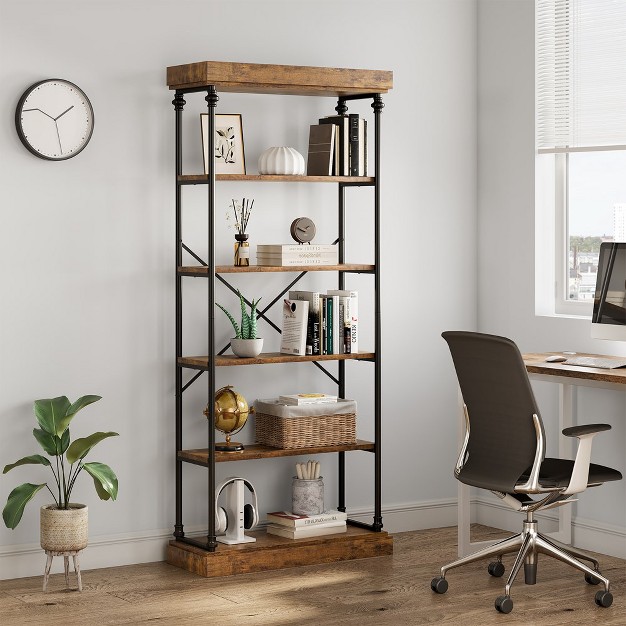 Trinity Industrial Bookshelf Wood Bookcase 6 Tier Storage Open Rack Shelf Metal Frame For Bedroom living Room And Home Office