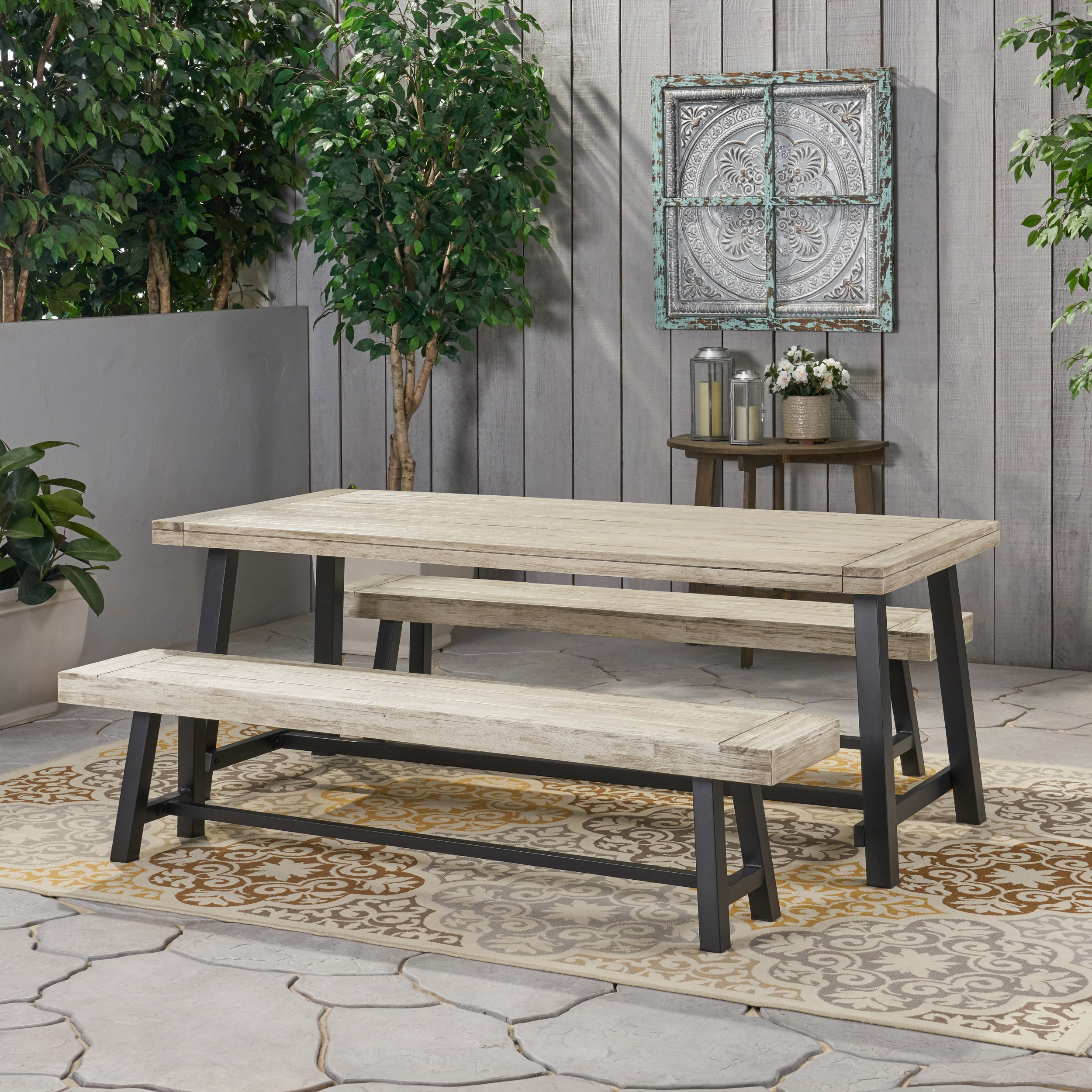 Bowman Farmhouse Outdoor Acacia Wood Picnic Dining Set