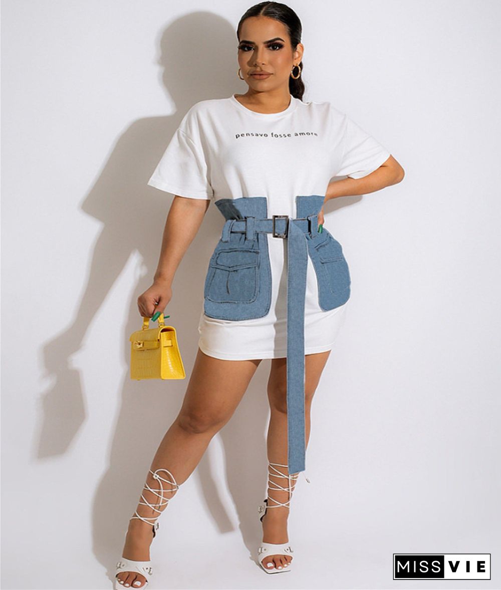 Short Sleeve Patchwork Denim Belt T-Shirts Dress