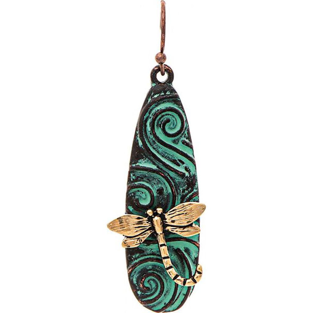 Rain  Patina Swirl Gold 3D Dragonfly Earrings