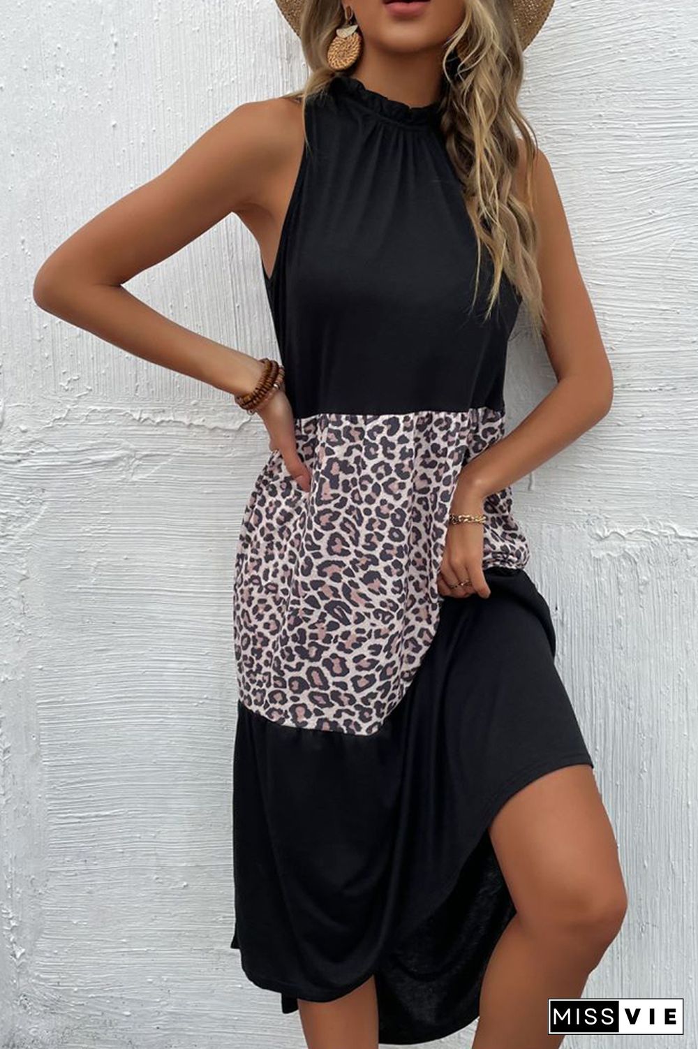 Leopard Patchwork Print Sleeveless Dress Wholesale