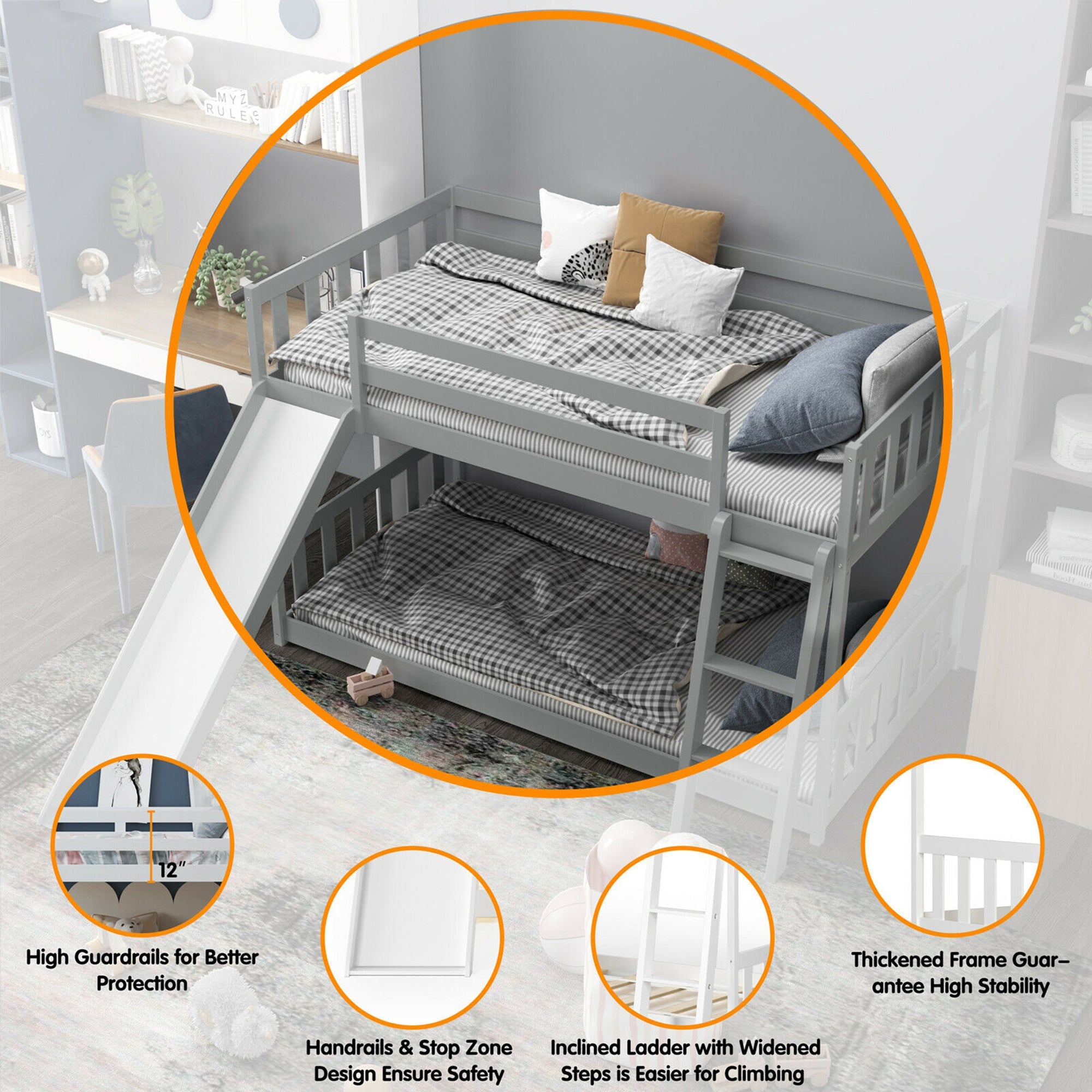 Gymax Twin over Twin Bunk Wooden Low Bed with Slide Ladder for Kids Grey