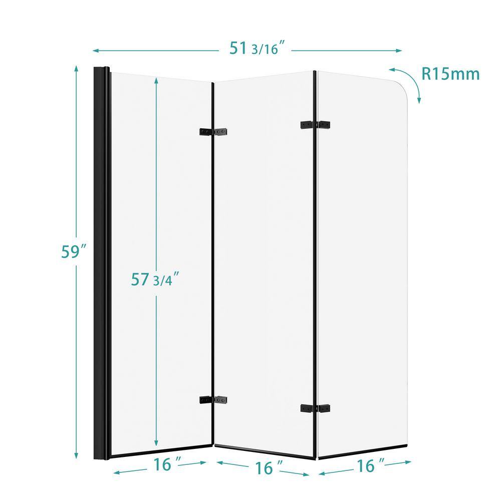 Zeafive 51.2 in. W x 59 in. H Pivot Hinged Bath Tub Door for Shower in Matte Black with 14 in. Tempered Clear Glass ZDS51-MB