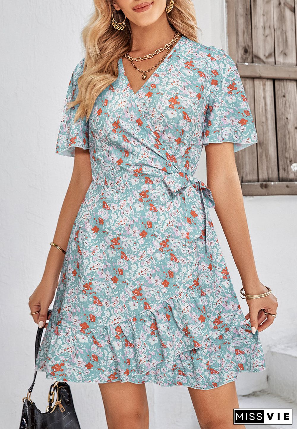 Floral Print Ruffle Hem Wrap Dress