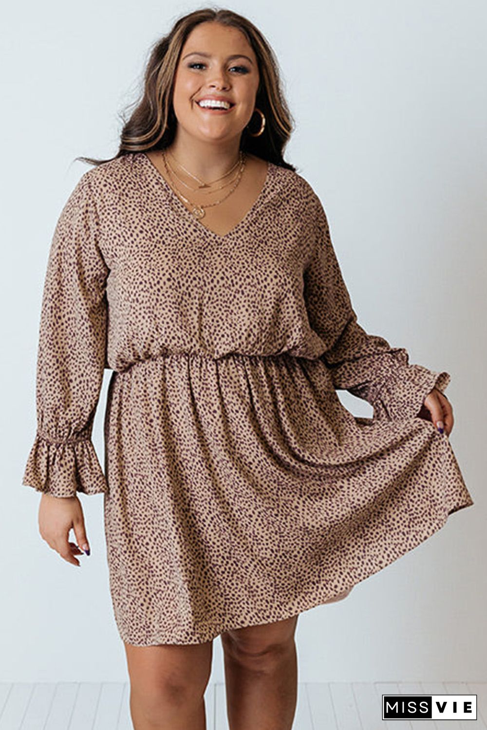 Khaki Plus Size Ruffled Long Sleeve Animal Spotted Print Dress