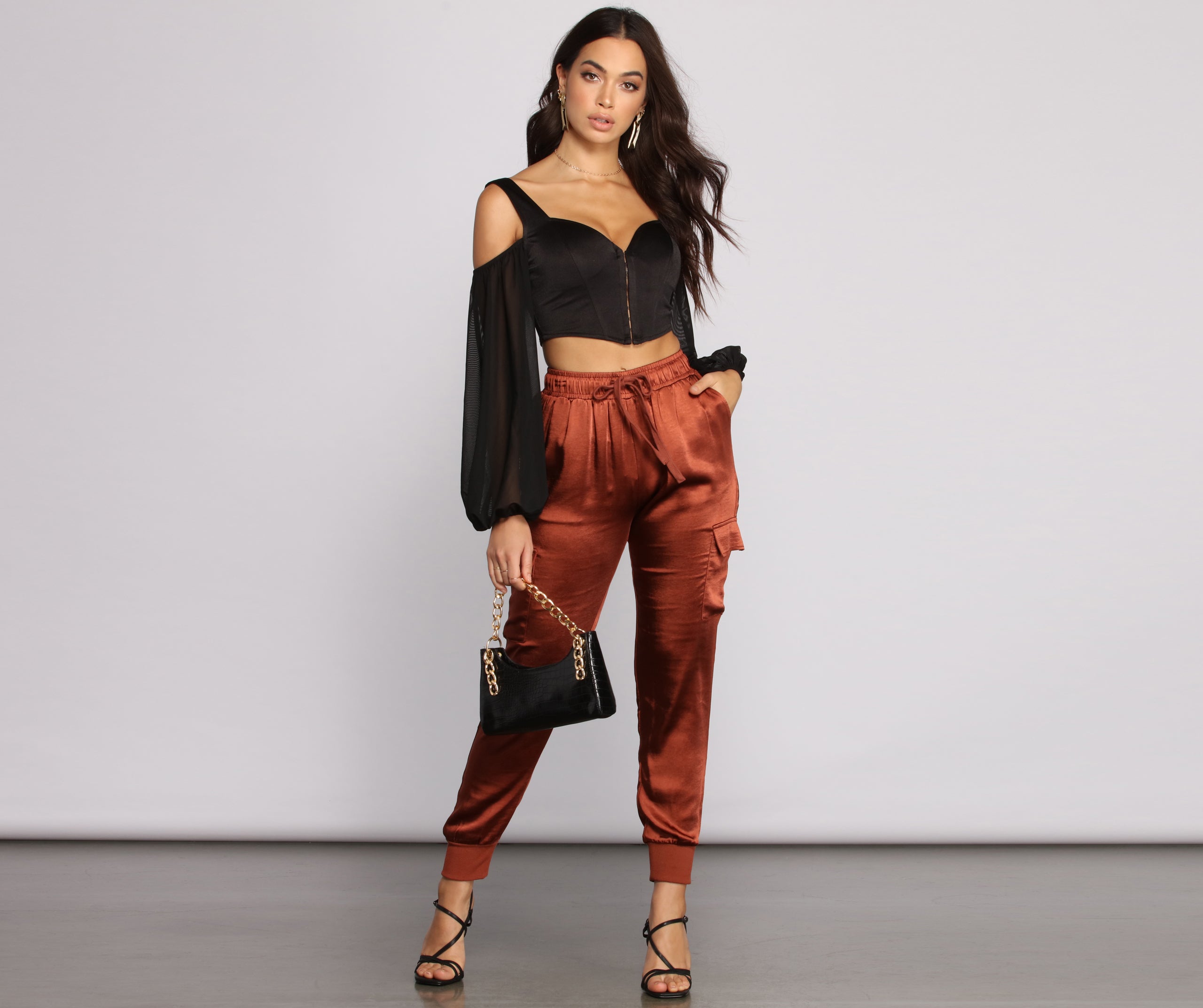 High Waist Satin Cargo Joggers