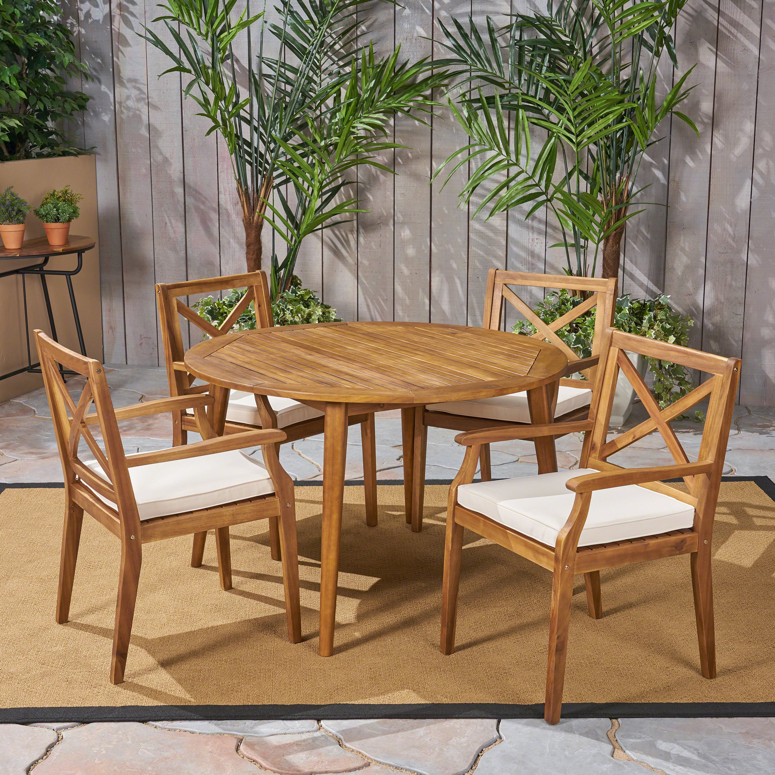 Jenson Outdoor 5 Piece Acacia Wood Dining Set with Cushions