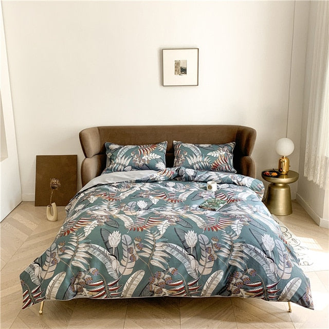 6Pcs Luxury Egyptian Cotton Bedding Set Bright Flamingo Leaf Duvet Cover Bed Fitted sheet