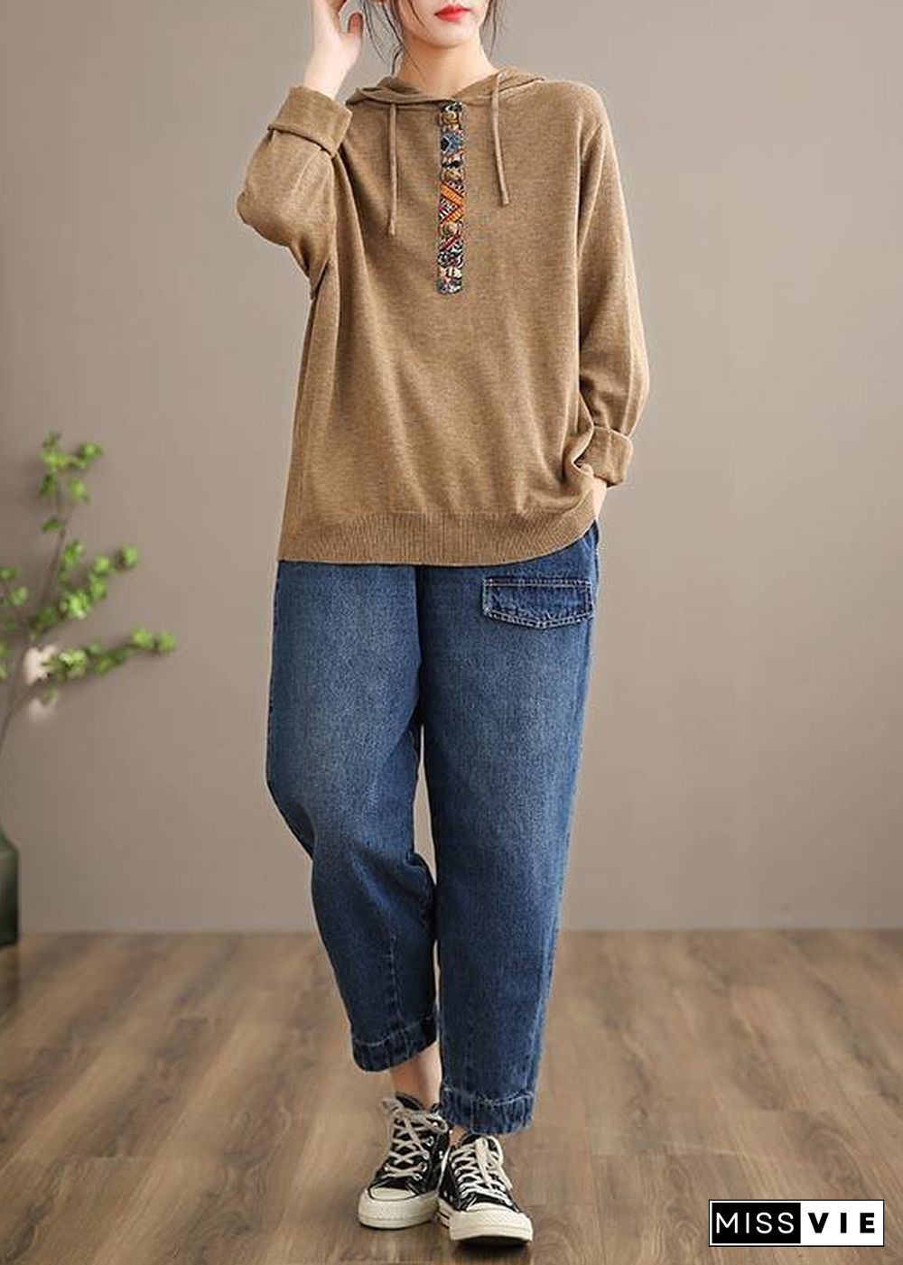 Handmade Spring Casual Pants Oversize Denim Blue-Rose Photography Elastic Waist Trousers