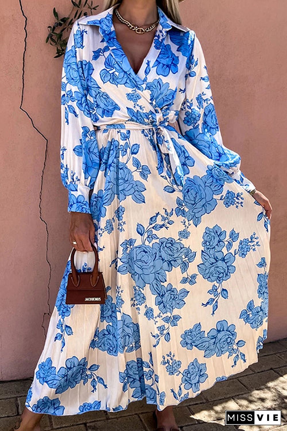 Floral Belted Long Sleeve Maxi Dress