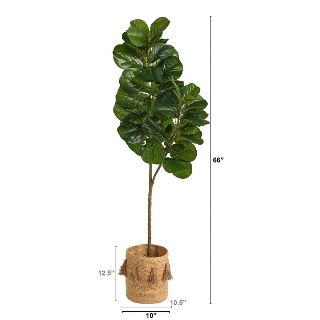 Nearly Natural 5.5-ft Fiddle Leaf Fig Artificial Tree In Handmade Natural Jute Planter With Tassels