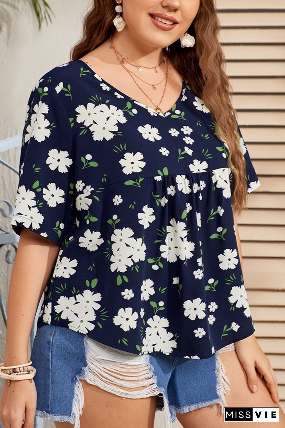 Navy Floral Print Ruffled Plus Size Blouse