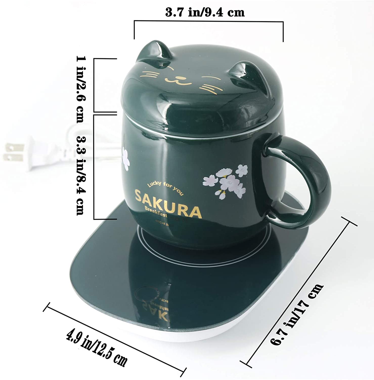 Coffee Warmer with Mug， Smart Coffee Mug Warmer with Cute Cat Pattern， Mug Tea Cup Set for Home Office Desk Use Green