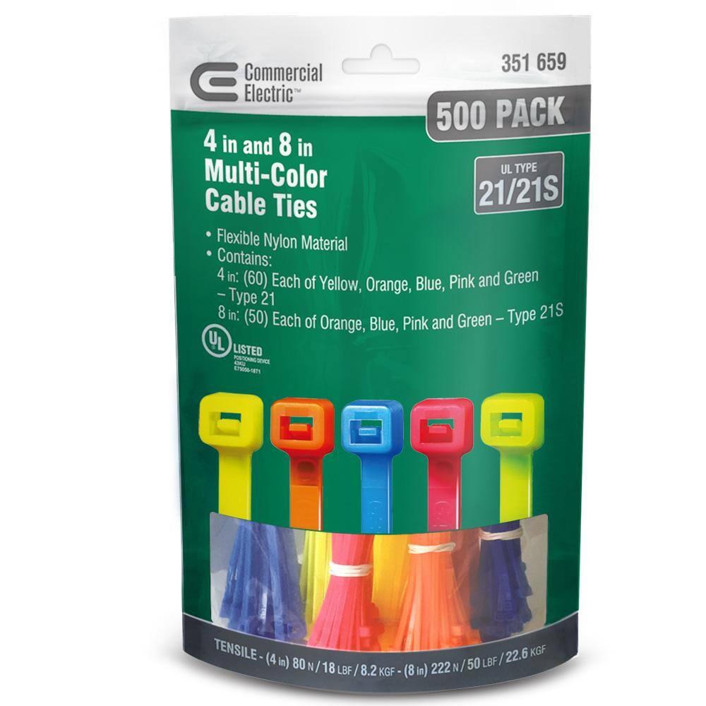 Commercial Electric 4 in. and 8 in. Cable Tie Canister Assorted (500-Pack) 4in+8in colors(500)