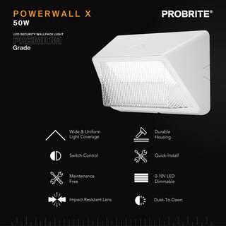 PROBRITE 175W Equivalent Integrated LED White Dusk to Dawn Commercial Refractor Wall Pack Light 6500 Lumens 4000K PRWX50-H-PC-4K-WH