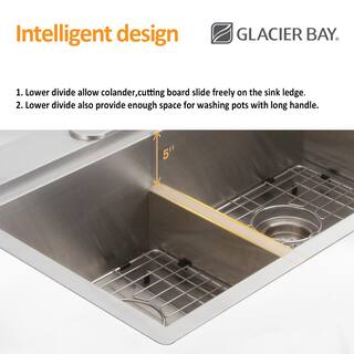 Glacier Bay AIO Zero Radius Undermount 18G Stainless Steel 33 in. 5050 Double Bowl Workstation Kitchen Sink with Spring Neck Faucet 4306F-2