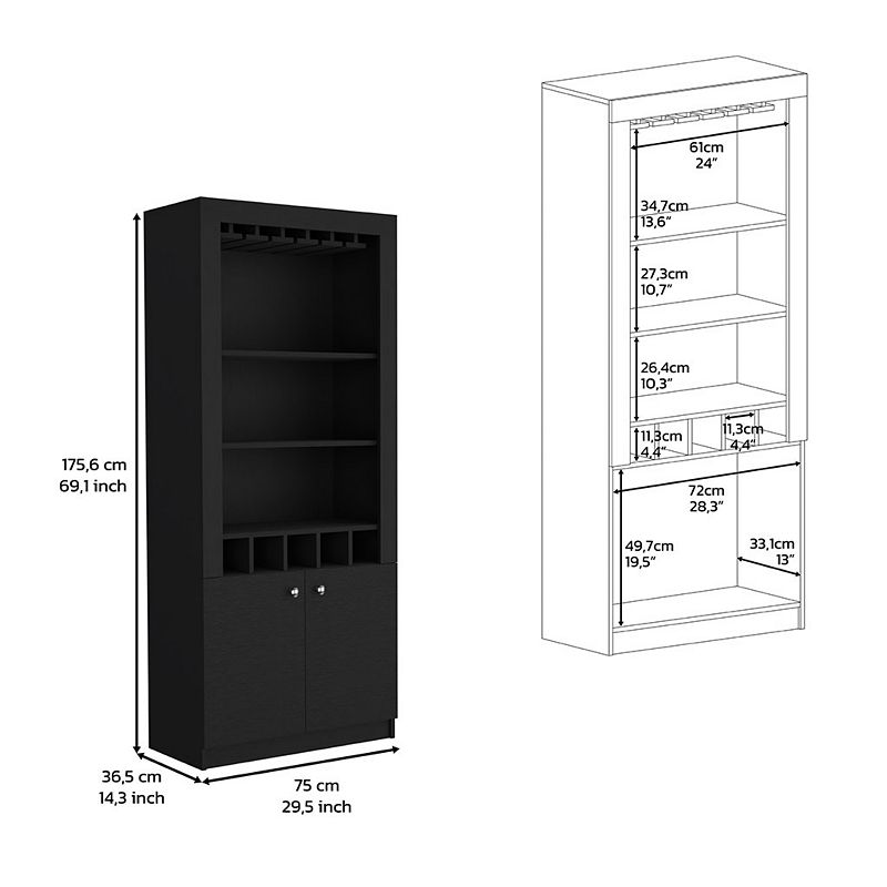 DEPOT E-SHOP Dakota Bar Double Door Cabinet， Five Built-in Wine Rack， Three Shelves， Black