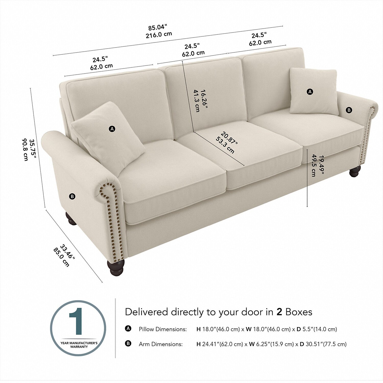 Bush Furniture Coventry 85W Sofa in Cream Herringbone