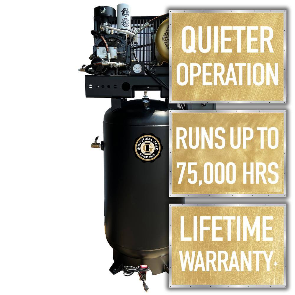 Industrial Gold 80 Gal. 10 HP Rotary Screw 3-Phase Low RPM 150 PSI Electric Air Compressor with Quiet Operation R103V83