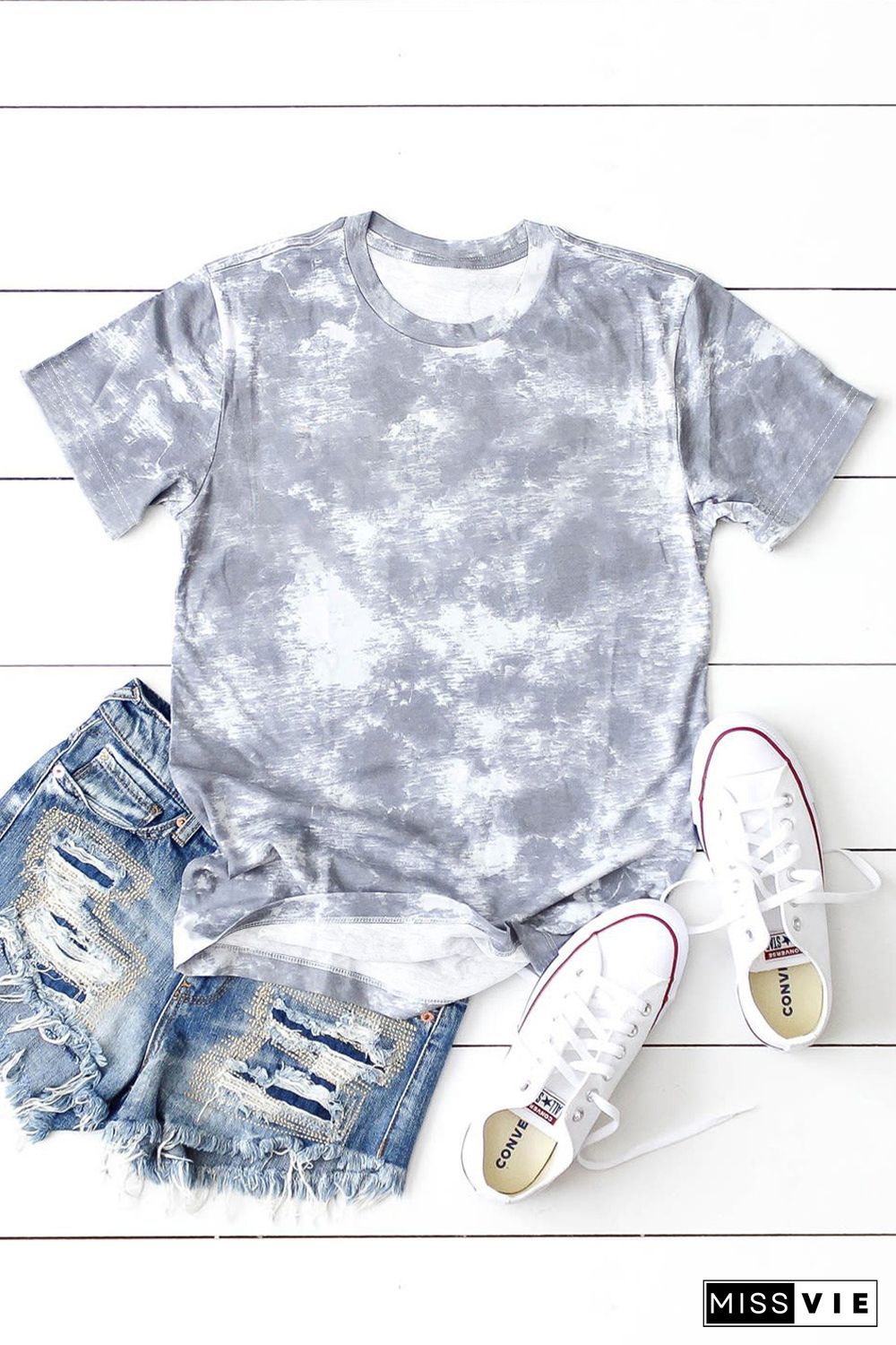 Gray Tie Dye Crew Neck Short Sleeve T-Shirt