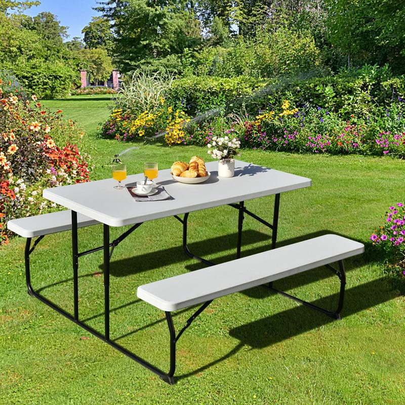 4-Person Folding Picnic Table Bench Set with Wood-like Texture & Metal Frame, Portable Outdoor Camping Dining Table Set