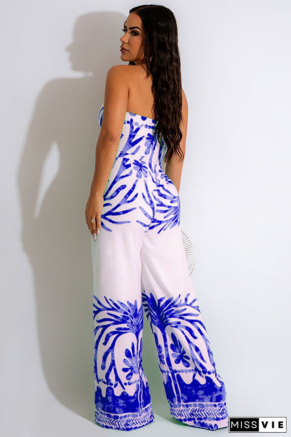 Pattern Print Strapless Ruched Tie Crop Top Wide Leg Vacation Pants Matching Set