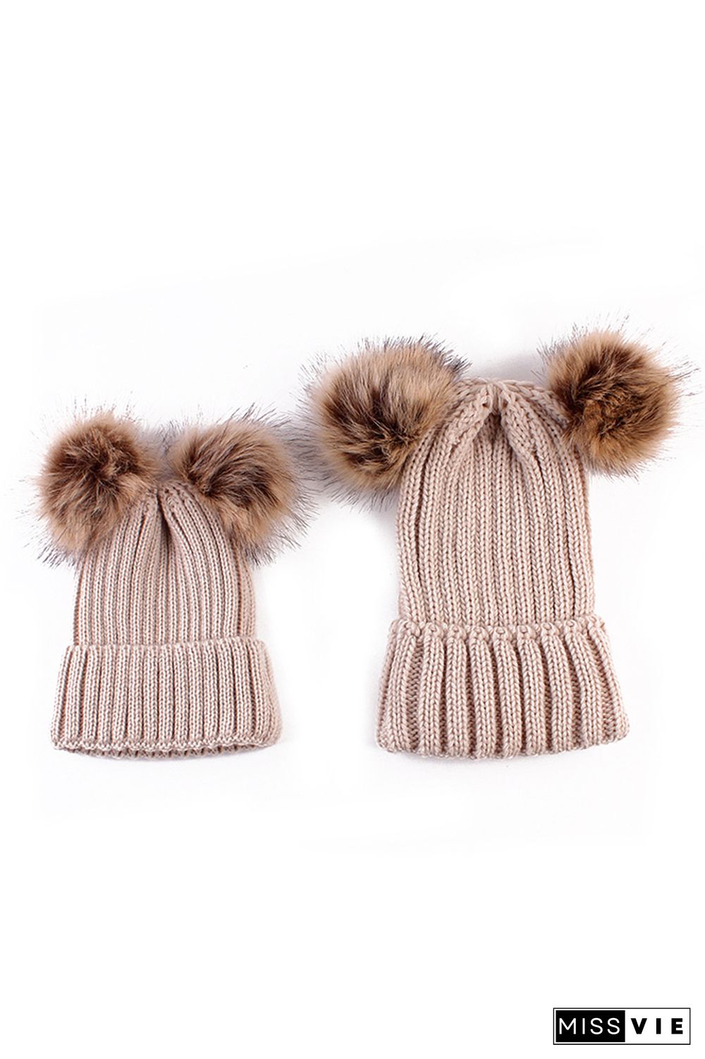 Parent-child Solid Double Wool Ball Knitted Hat 2pcs Set Wholesale MOQ3pcs