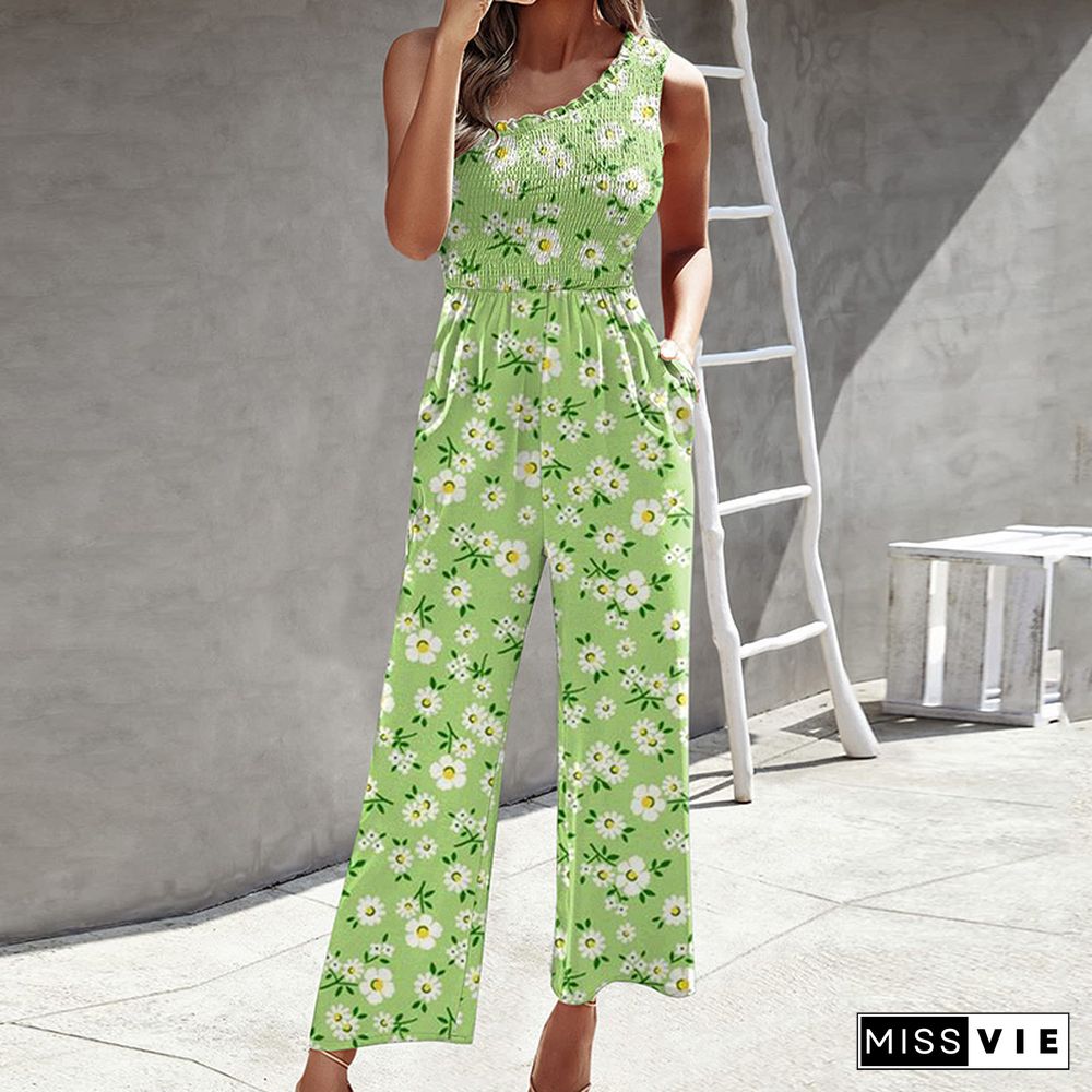 Fashion Commute Wide-Leg Pants Playsuits Ladies Sexy Elastic Slim One-Shoulder Jumpsuits Retro Harajuku Print Pocket Romper