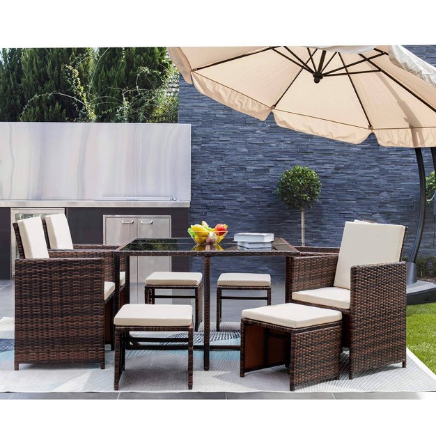 9pc Outdoor Conversation Set With Tempered Glass Table Cushioned Chairs amp Ottomans Devoko