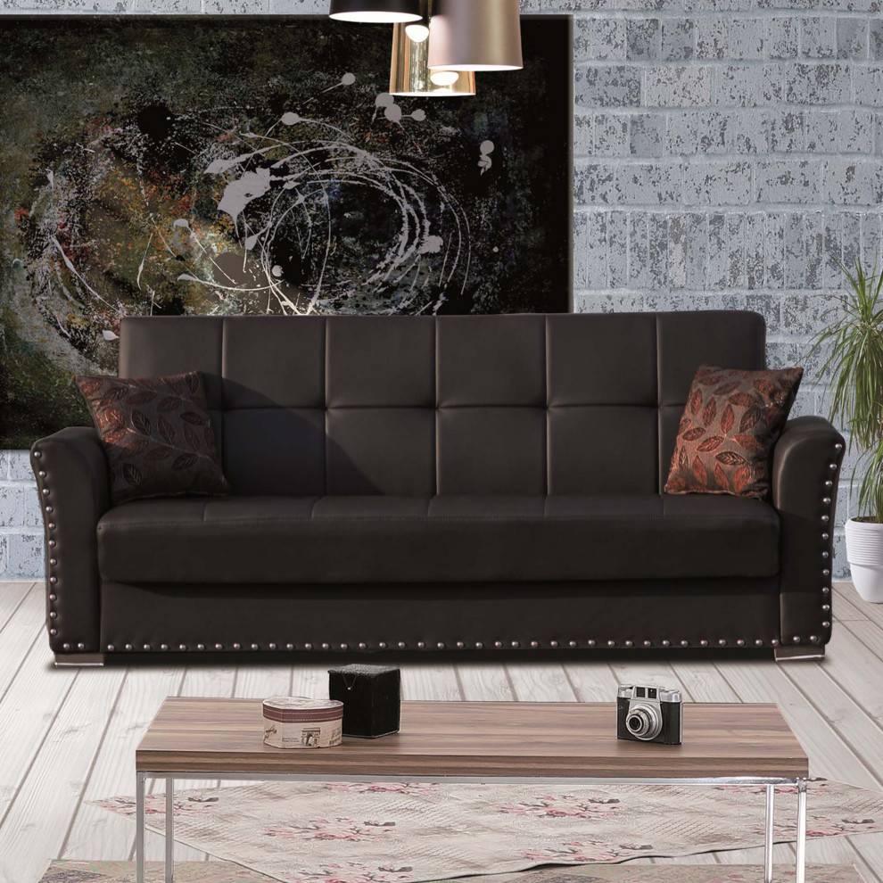 Sleeper Sofa  Square Tufted Seat With Click Clack Technology  Black Leatherette   Transitional   Sleeper Sofas   by Decorn  Houzz