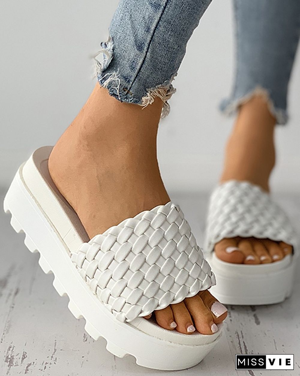 Braided Open Toe Platform Slippers